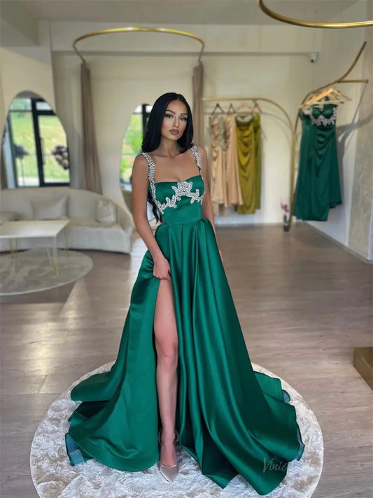Green Satin Prom Dresses 2025 with Beaded Strap & Slit – FD5224-prom dresses 2025 -Viniodress-Green-Custom Size-