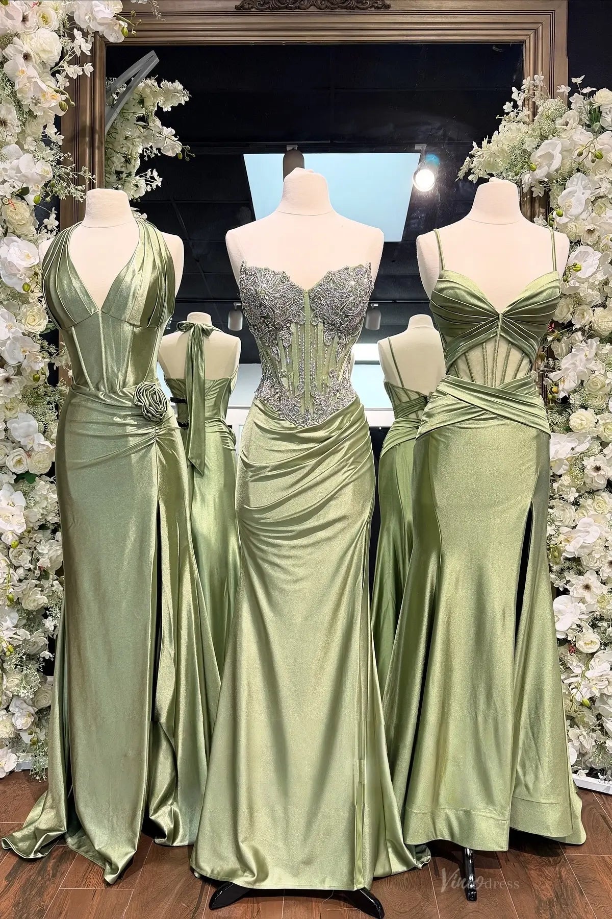 Green Satin Prom Dresses with Beaded Corset & Elegant Necklines SS367 Viniodress Green Satin Prom Dresses with Beaded Corset & Elegant Necklines SS367 Viniodress