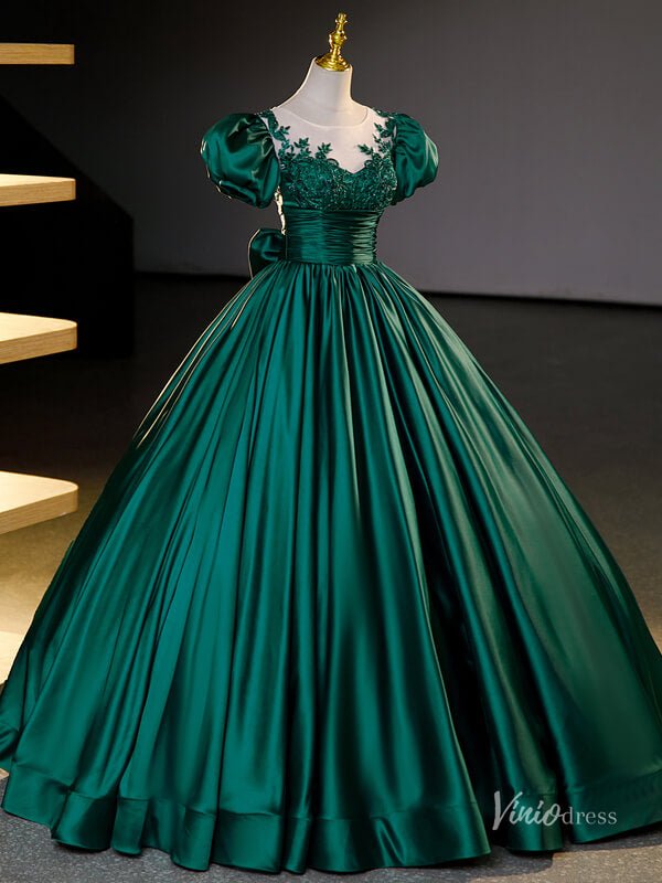 Green Satin Puffed Sleeve Prom Ball Gown Lace Applique Boat Neck Quinceanera Dresses BG066-prom dresses 2025 -Viniodress-Green-Custom Size-