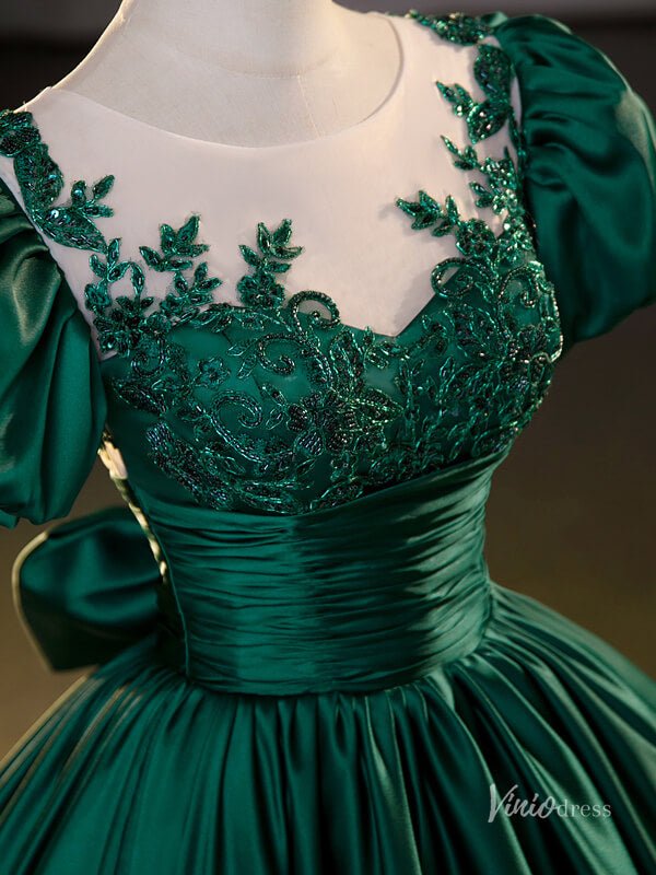 Green Satin Puffed Sleeve Prom Ball Gown Lace Applique Boat Neck Quinceanera Dresses BG066-prom dresses 2025 -Viniodress-Green-Custom Size-