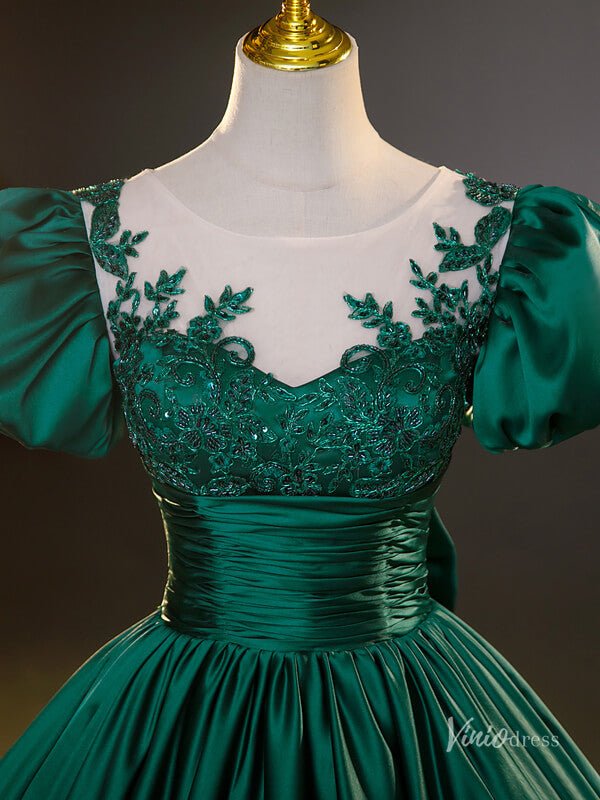 Green Satin Puffed Sleeve Prom Ball Gown Lace Applique Boat Neck Quinceanera Dresses BG066-prom dresses 2025 -Viniodress-Green-Custom Size-