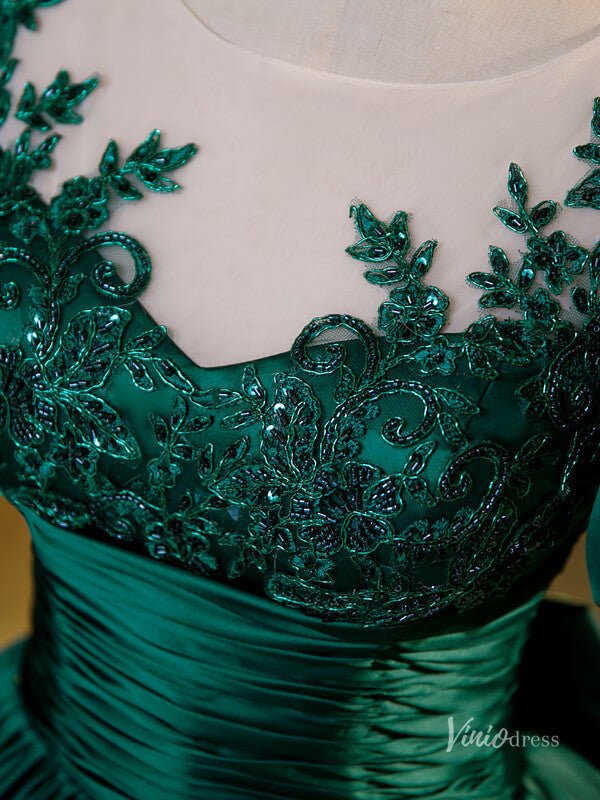 Green Satin Puffed Sleeve Prom Ball Gown Lace Applique Boat Neck Quinceanera Dresses BG066-prom dresses 2025 -Viniodress-Green-Custom Size-