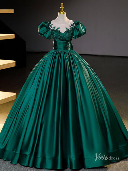 Green Satin Puffed Sleeve Prom Ball Gown Lace Applique Boat Neck Quinceanera Dresses BG066-prom dresses 2025 -Viniodress-Green-Custom Size-