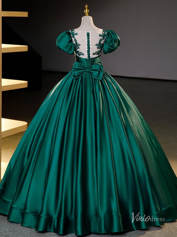 Green Satin Puffed Sleeve Prom Ball Gown Lace Applique Boat Neck Quinceanera Dresses BG066 - Viniodressprom dressesGreenCustom Size - Formal Dresses - Ball Gowns