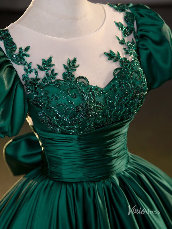 Green Satin Puffed Sleeve Prom Ball Gown Lace Applique Boat Neck Quinceanera Dresses BG066 - Viniodressprom dressesGreenCustom Size - Formal Dresses - Ball Gowns