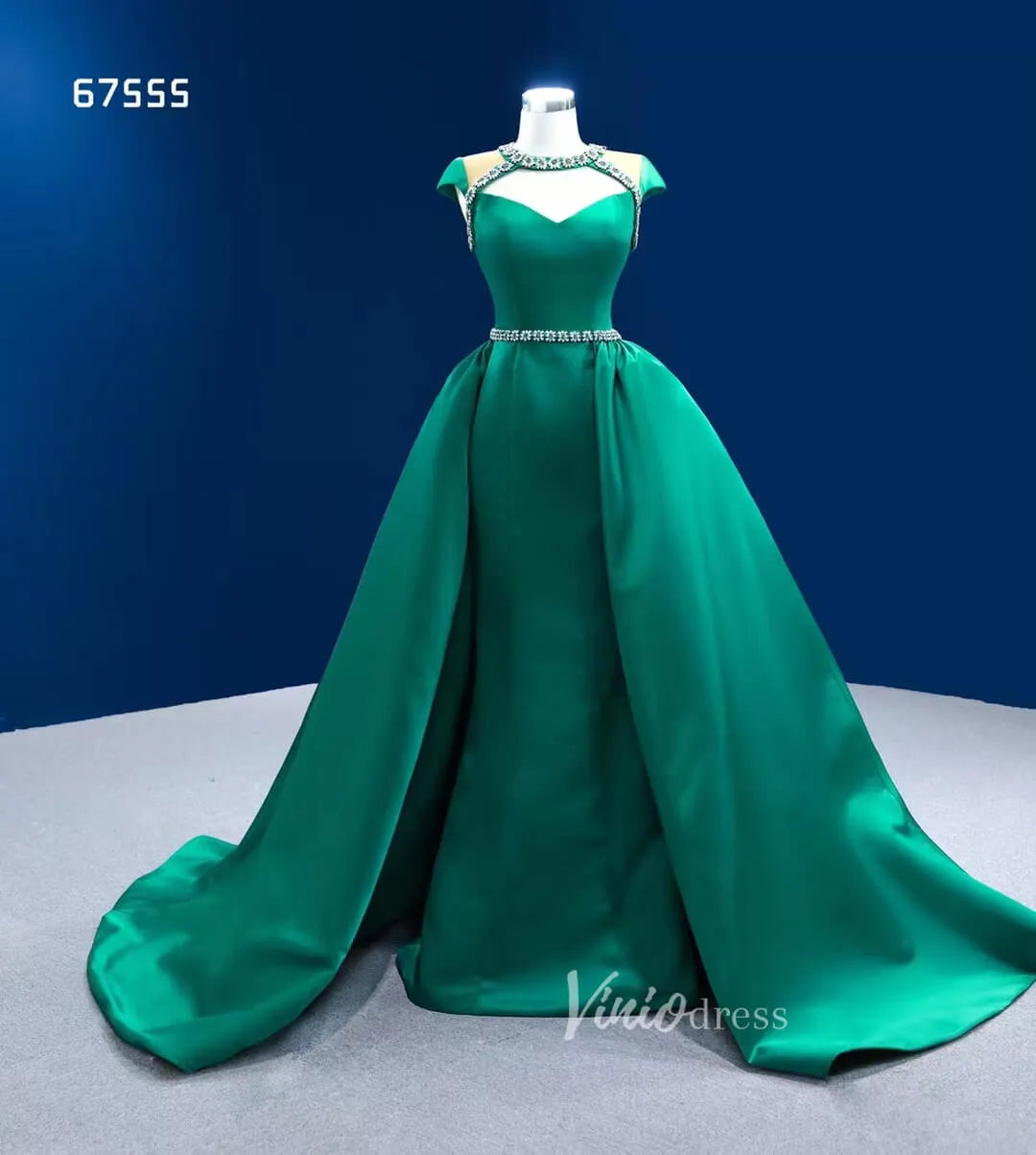 Green Satin Wedding Dress Overskirt Pageant Dresses 67555-prom dresses 2025 -Viniodress-Emerald Green-Custom Size-