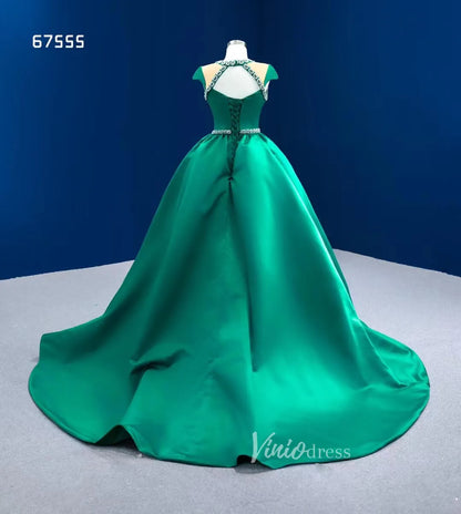 Green Satin Wedding Dress Overskirt Pageant Dresses 67555-prom dresses 2025 -Viniodress-Emerald Green-Custom Size-