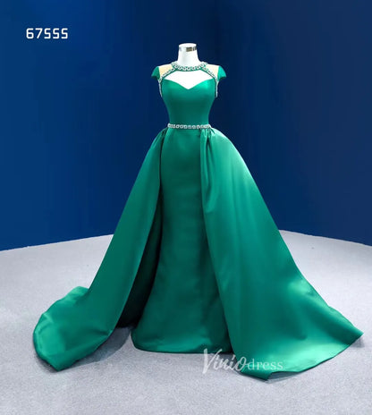 Green Satin Wedding Dress Overskirt Pageant Dresses 67555-prom dresses 2025 -Viniodress-Emerald Green-Custom Size-