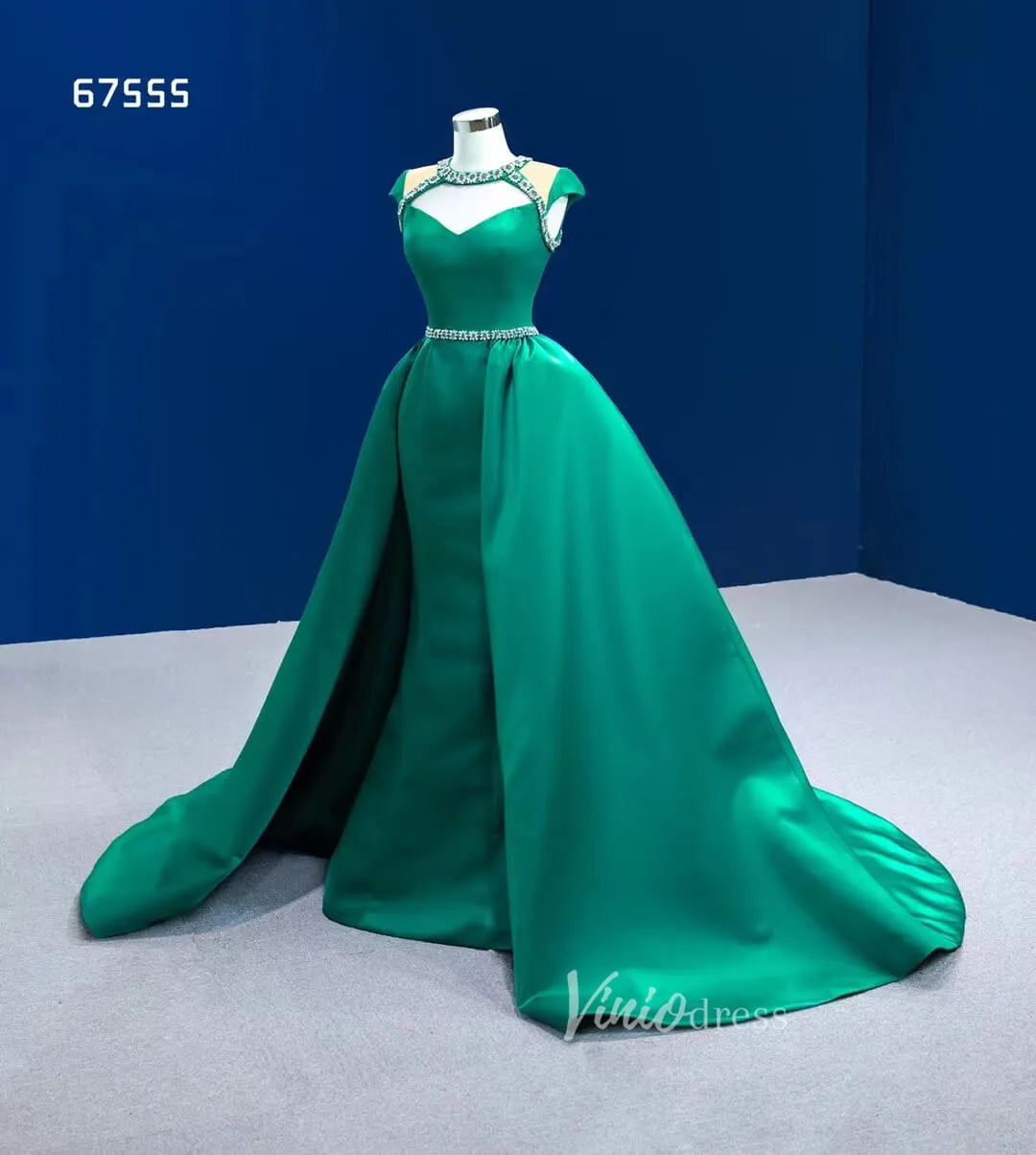 Green Satin Wedding Dress Overskirt Pageant Dresses 67555-prom dresses 2025 -Viniodress-Emerald Green-Custom Size-