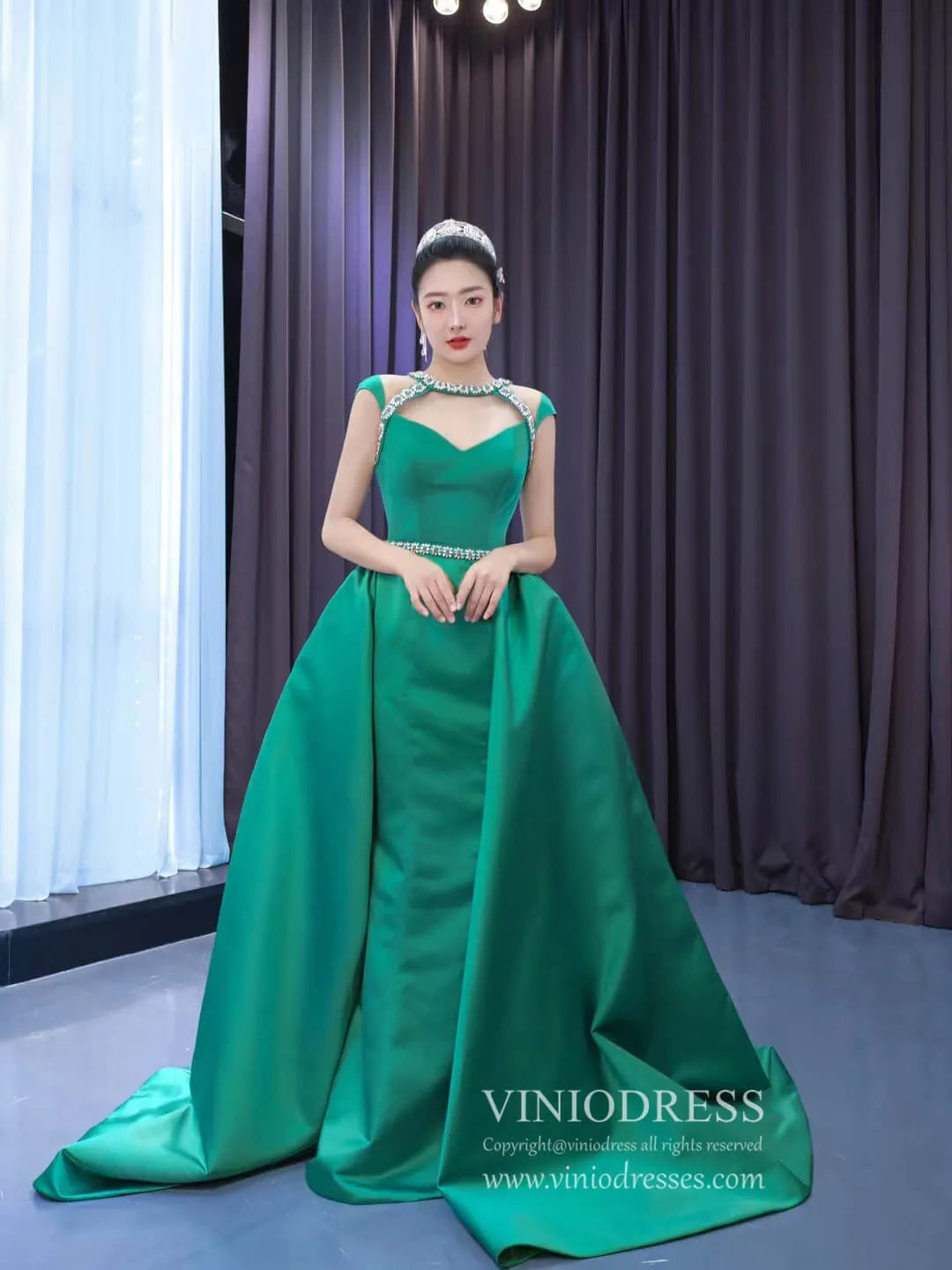 Green Satin Wedding Dress Overskirt Pageant Dresses 67555-prom dresses 2025 -Viniodress-Emerald Green-Custom Size-