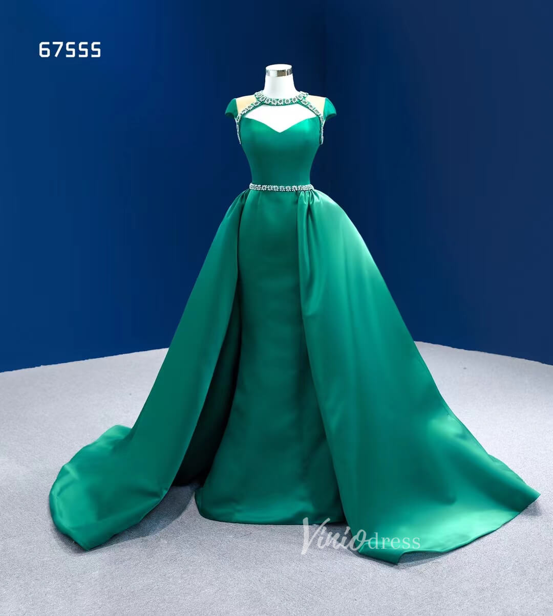 Prom Dress 2025 Green Satin Wedding Dress Overskirt Pageant Dresses 67555-unique prom dresses-Emerald Green-Custom Size-Viniodress