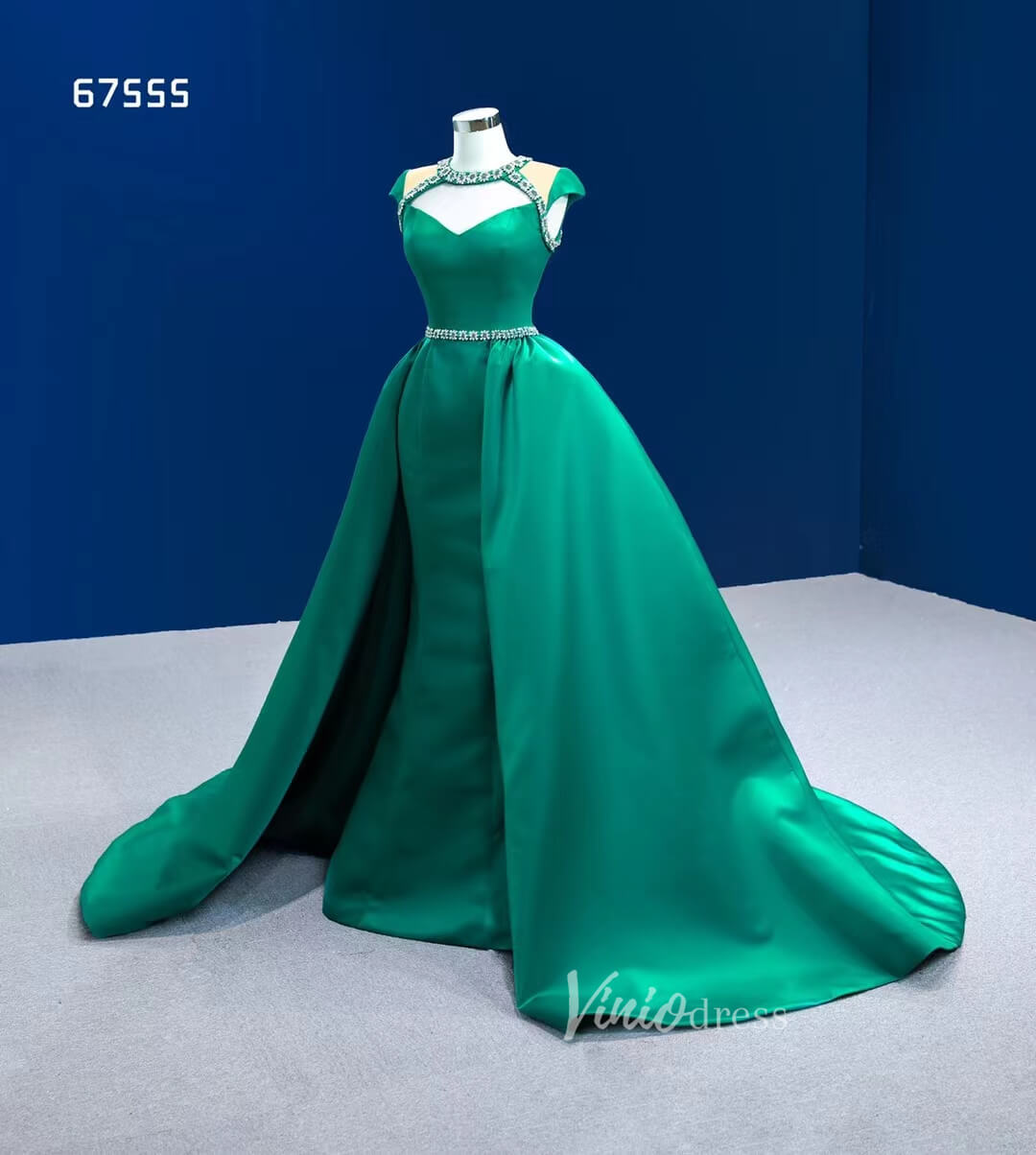 Prom Dress 2025 Green Satin Wedding Dress Overskirt Pageant Dresses 67555-unique prom dresses-Emerald Green-Custom Size-Viniodress