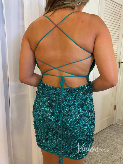 Green Sequin Bodycon Hoco Dress Spaghetti Strap Mini Cocktail Dress SD1458-Homecoming Dresses 2025 -Viniodress-Green-Custom Size-