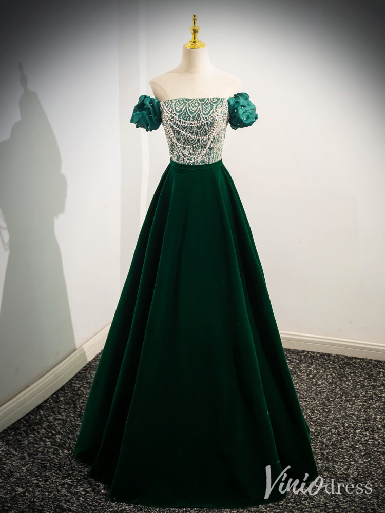 Green Sequin Lace Puffed Sleeve Cheap Prom Dresses Velvet Off the Shoulder 90069-prom dresses-Viniodress-Green-Custom Size-Viniodress