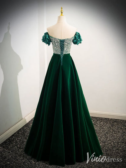 Green Sequin Lace Puffed Sleeve Prom Dresses Velvet Off the Shoulder 90069-prom dresses 2025 -Viniodress-Green-Custom Size-