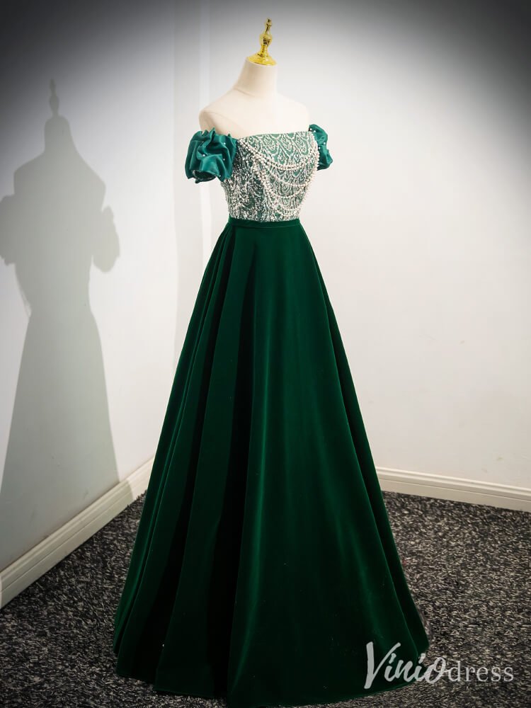 Green Sequin Lace Puffed Sleeve Prom Dresses Velvet Off the Shoulder 90069 - Viniodressprom dressesGreenCustom Size - Formal Dresses - Ball Gowns