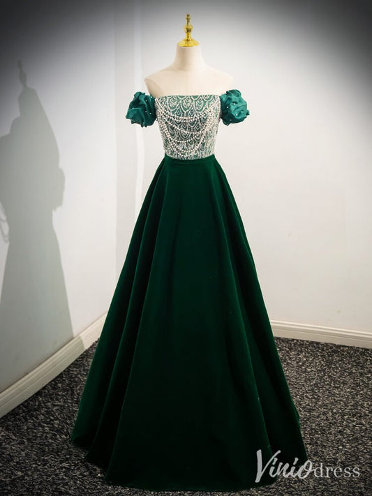 Green Sequin Lace Puffed Sleeve Prom Dresses Velvet Off the Shoulder 90069 - Viniodressprom dressesGreenCustom Size - Formal Dresses - Ball Gowns