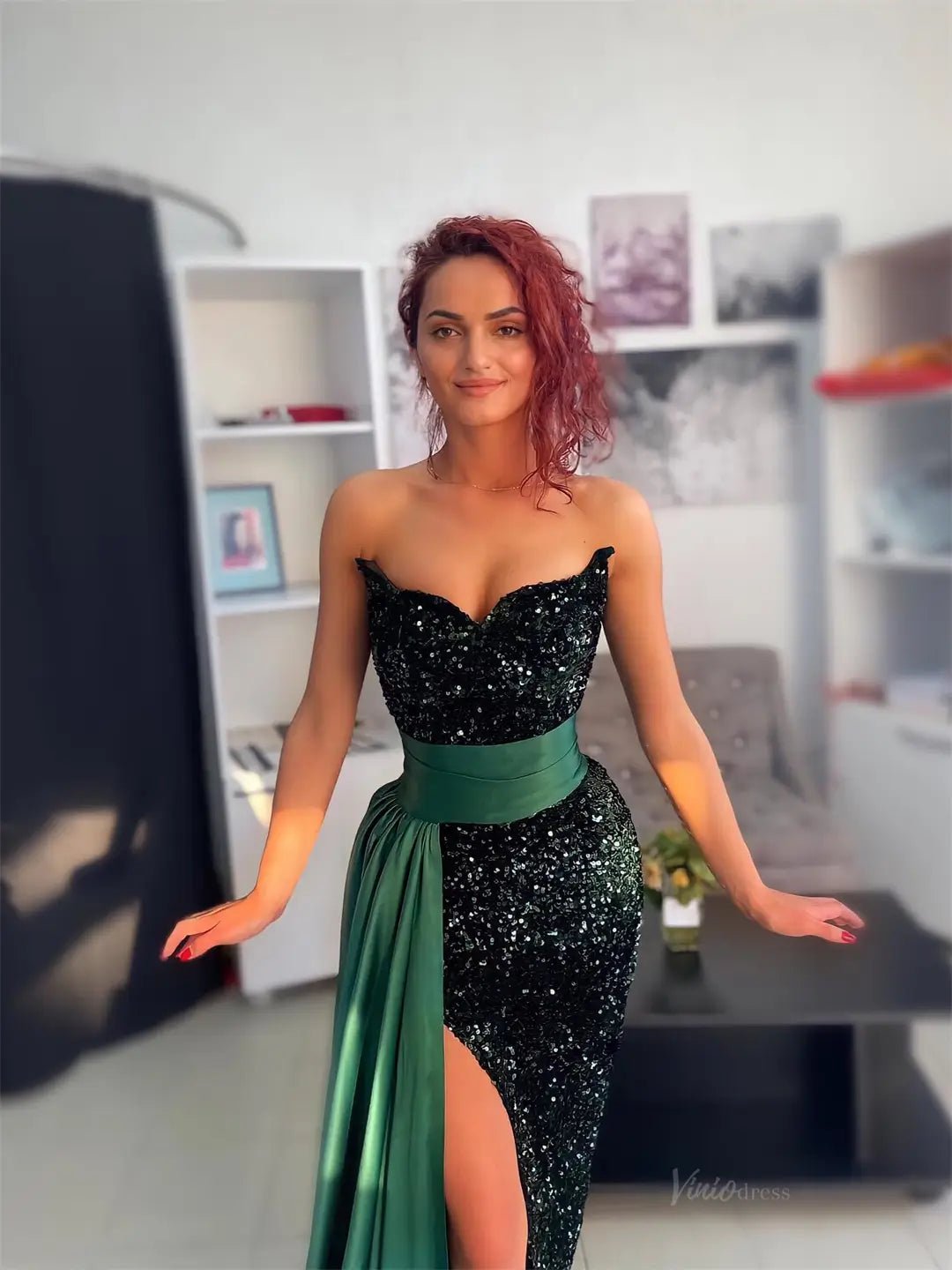 Green Sequin Mermaid Prom Dresses 2025 Strapless Formal Gown with Slit & Overskirt FD5255-prom dresses 2025 -Viniodress-Green-Custom Size-
