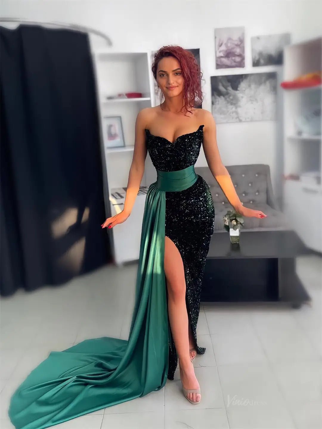 Green Sequin Mermaid Prom Dresses 2025 Strapless Formal Gown with Slit & Overskirt FD5255-prom dresses 2025 -Viniodress-Green-Custom Size-
