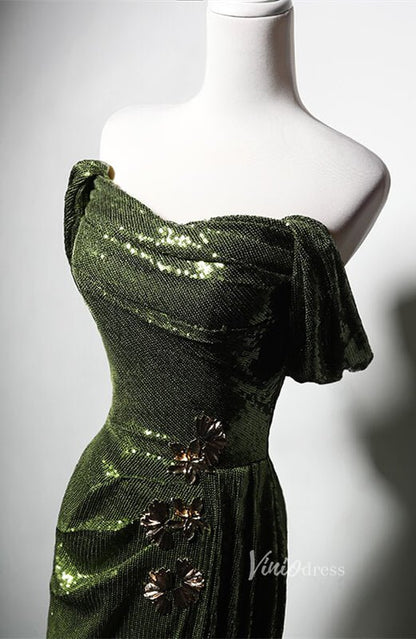 Green Sequin Mermaid Prom Dresses with Slit Off the Shoulder Evening Dress AD1207-prom dresses 2025 -Viniodress-Green-Custom Size-