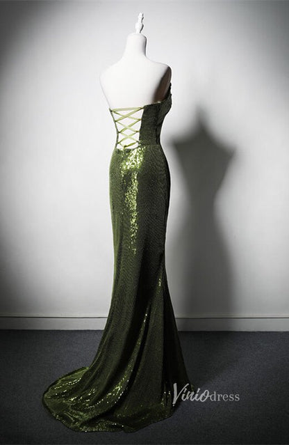 Green Sequin Mermaid Prom Dresses with Slit Off the Shoulder Evening Dress AD1207-prom dresses 2025 -Viniodress-Green-Custom Size-