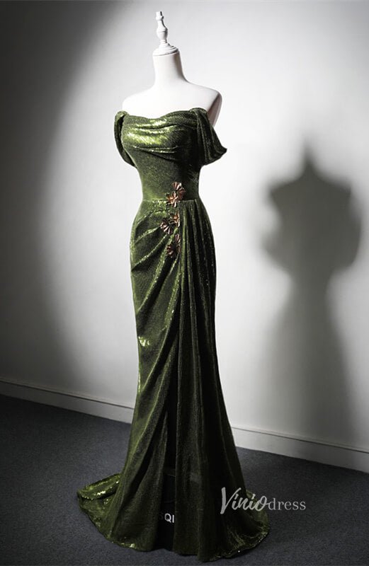 Green Sequin Mermaid Prom Dresses with Slit Off the Shoulder Evening Dress AD1207-prom dresses 2025 -Viniodress-Green-Custom Size-