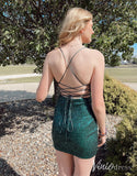 Green Sequin Spaghetti Strap Cheap Homecoming Dresses Ruched Bodycon Dress SD1682-Homecoming Dresses-Viniodress-Viniodress