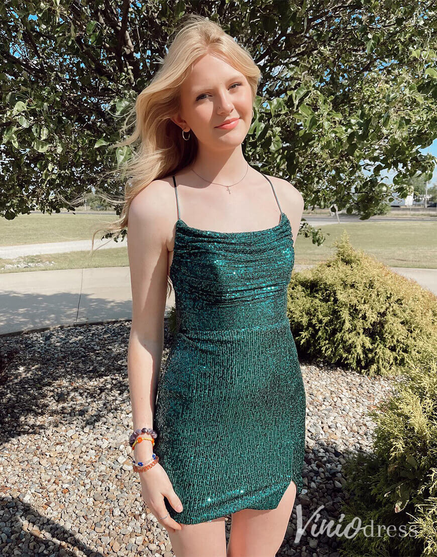 Green Sequin Spaghetti Strap Homecoming Dresses Ruched Bodycon Dress SD1682-Homecoming Dresses 2025 -Viniodress-Green-Custom Size-
