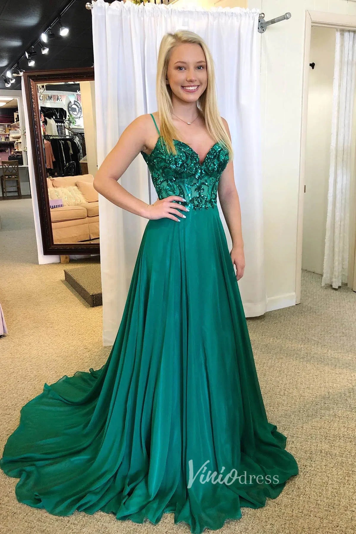 Green Spaghetti Strap Prom Dress with Sequin Bodice and Chiffon Skirt FD3477-prom dresses-Viniodress-Green-Custom Size-Viniodress