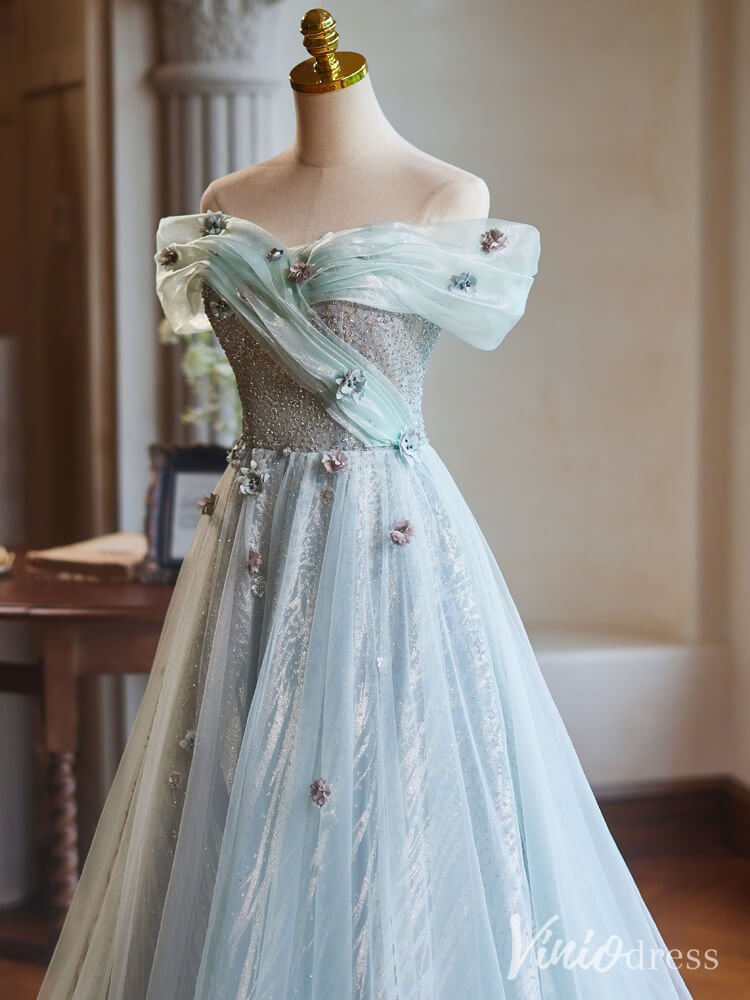 sachin and babi light blue dress Green Sparkly Beaded Flower Prom Dresses Off the Shoulder Formal Gown –  Viniodress