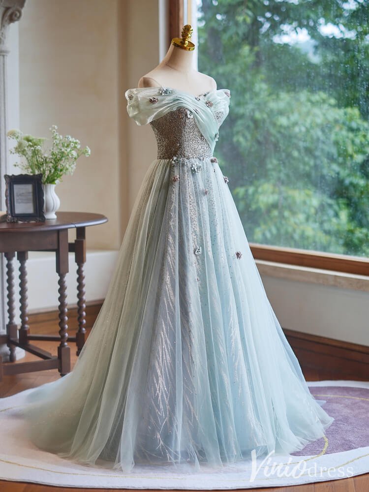 Green Sparkly Beaded Flower Prom Dresses Off the Shoulder Formal Gown BJ056-prom dresses 2025 -Viniodress-Green-Custom Size-