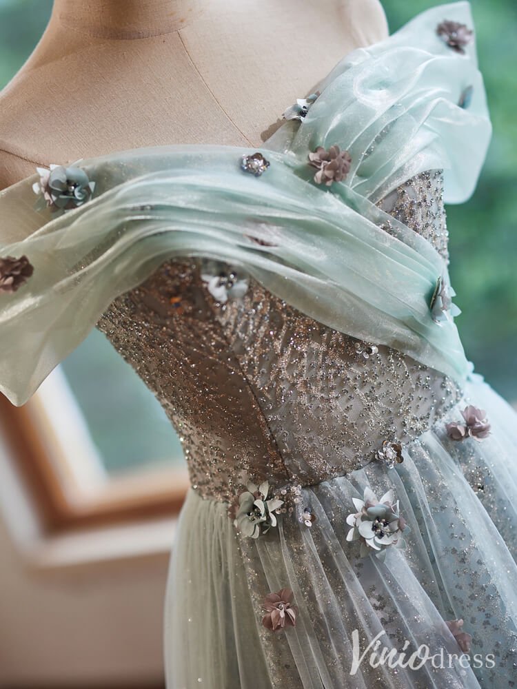 Green Sparkly Beaded Flower Prom Dresses Off the Shoulder Formal Gown BJ056-prom dresses 2025 -Viniodress-Green-Custom Size-