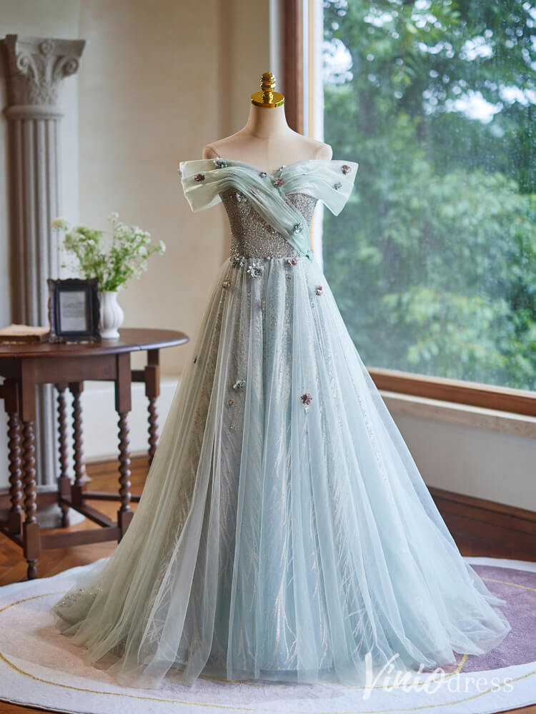 Green Sparkly Beaded Flower Prom Dresses Off the Shoulder Formal Gown BJ056-prom dresses 2025 -Viniodress-Green-Custom Size-