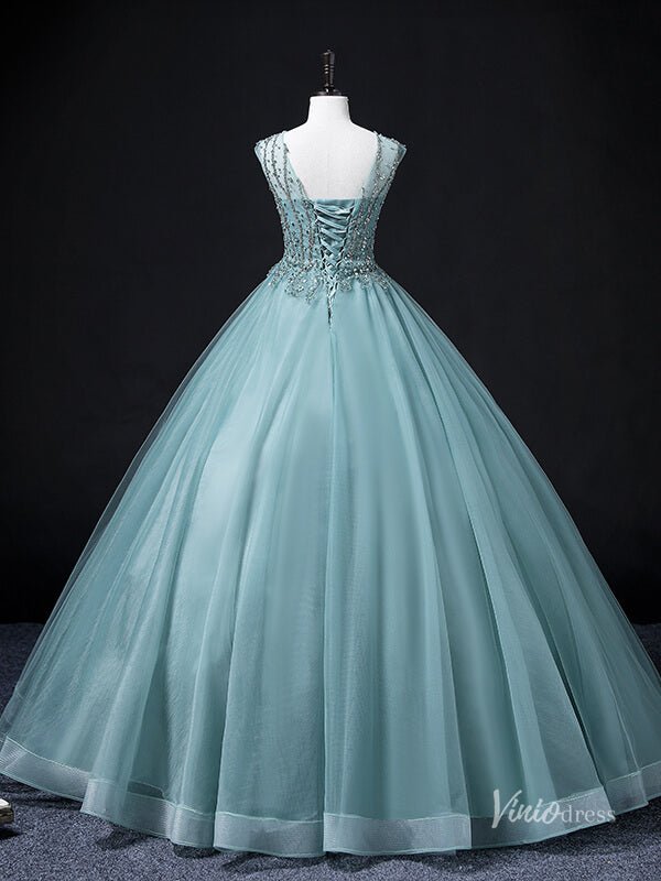 Green Sparkly Beaded Lace Prom Ball Gown Boat Neck Quinceanera Dresses BG064-prom dresses 2025 -Viniodress-Green-Custom Size-