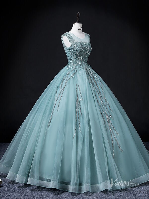 Green Sparkly Beaded Lace Prom Ball Gown Boat Neck Quinceanera Dresses BG064 - Viniodressprom dressesGreenCustom Size - Formal Dresses - Ball Gowns