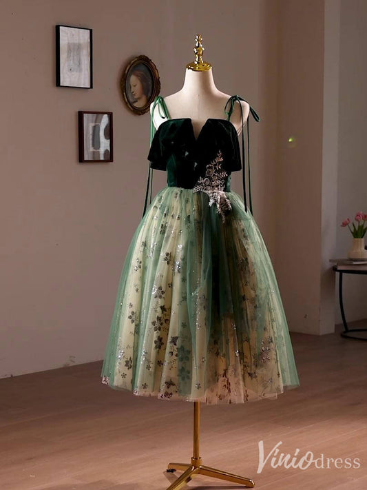 Green Sparkly Lace Homecoming Dress Velvet Spaghetti Strap Graduation Dress 8016-prom dresses 2025 -Viniodress-Green-Custom Size-