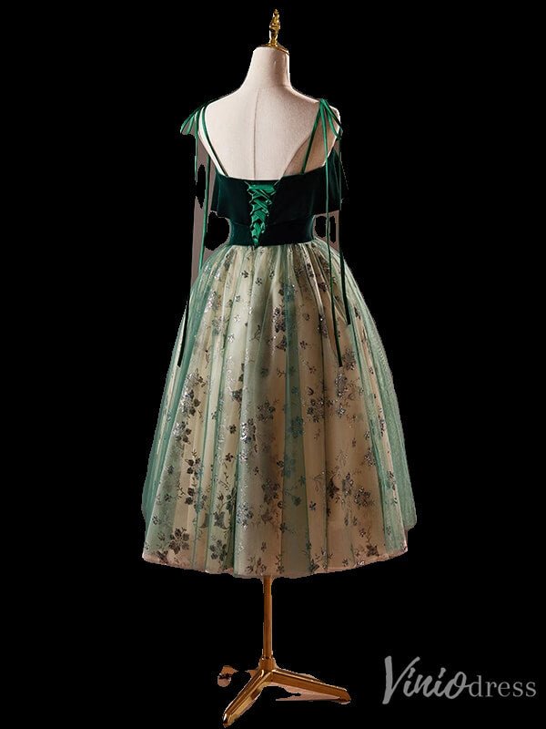 Green Sparkly Lace Homecoming Dress Velvet Spaghetti Strap Graduation Dress 8016-prom dresses 2025 -Viniodress-Green-Custom Size-