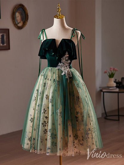 Green Sparkly Lace Homecoming Dress Velvet Spaghetti Strap Graduation Dress 8016-prom dresses 2025 -Viniodress-Green-Custom Size-