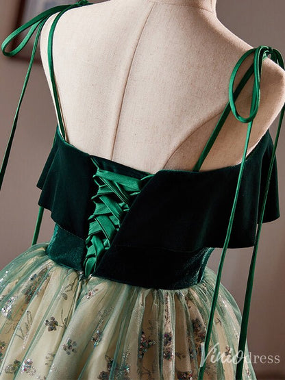 Green Sparkly Lace Homecoming Dress Velvet Spaghetti Strap Graduation Dress 8016-prom dresses 2025 -Viniodress-Green-Custom Size-