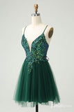 Green Sparkly Lace Sweetheart Homecoming Dresses Spaghetti Strap Back to School Dress S24020-prom dresses-Viniodress-Viniodress