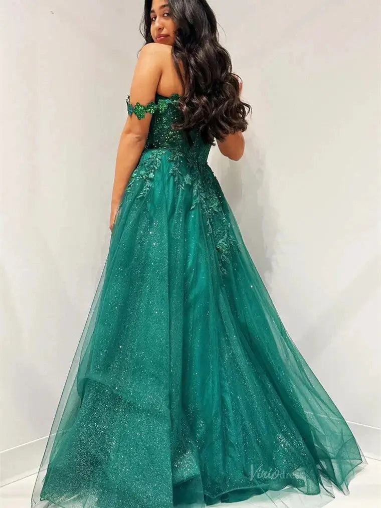 Green Sparkly Tulle Prom Dresses with Slit Off the Shoulder Formal Dress - FD5177-prom dresses 2025 -Viniodress-Green-Custom Size-