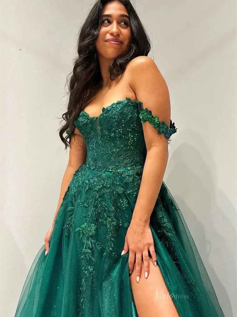 Green Sparkly Tulle Prom Dresses with Slit Off the Shoulder Formal Dre Viniodress Green Sparkly Tulle Prom Dresses with Slit Off the Shoulder Formal Dre Viniodress