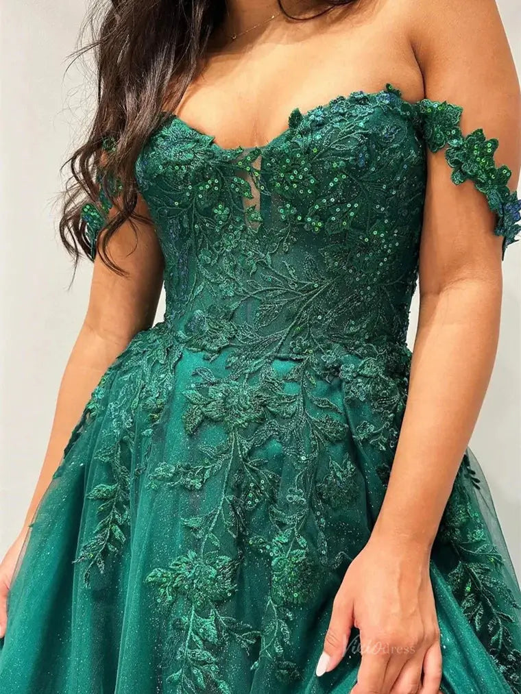 Green Sparkly Tulle Prom Dresses with Slit Off the Shoulder Formal Dre –  Viniodress
