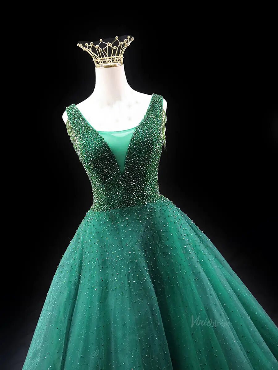 Green Sparkly Tulle Prom Dresses with V-Neck, Beaded Bodice, Quinceane Viniodress Green Sparkly Tulle Prom Dresses with V-Neck, Beaded Bodice, Quinceane Viniodress