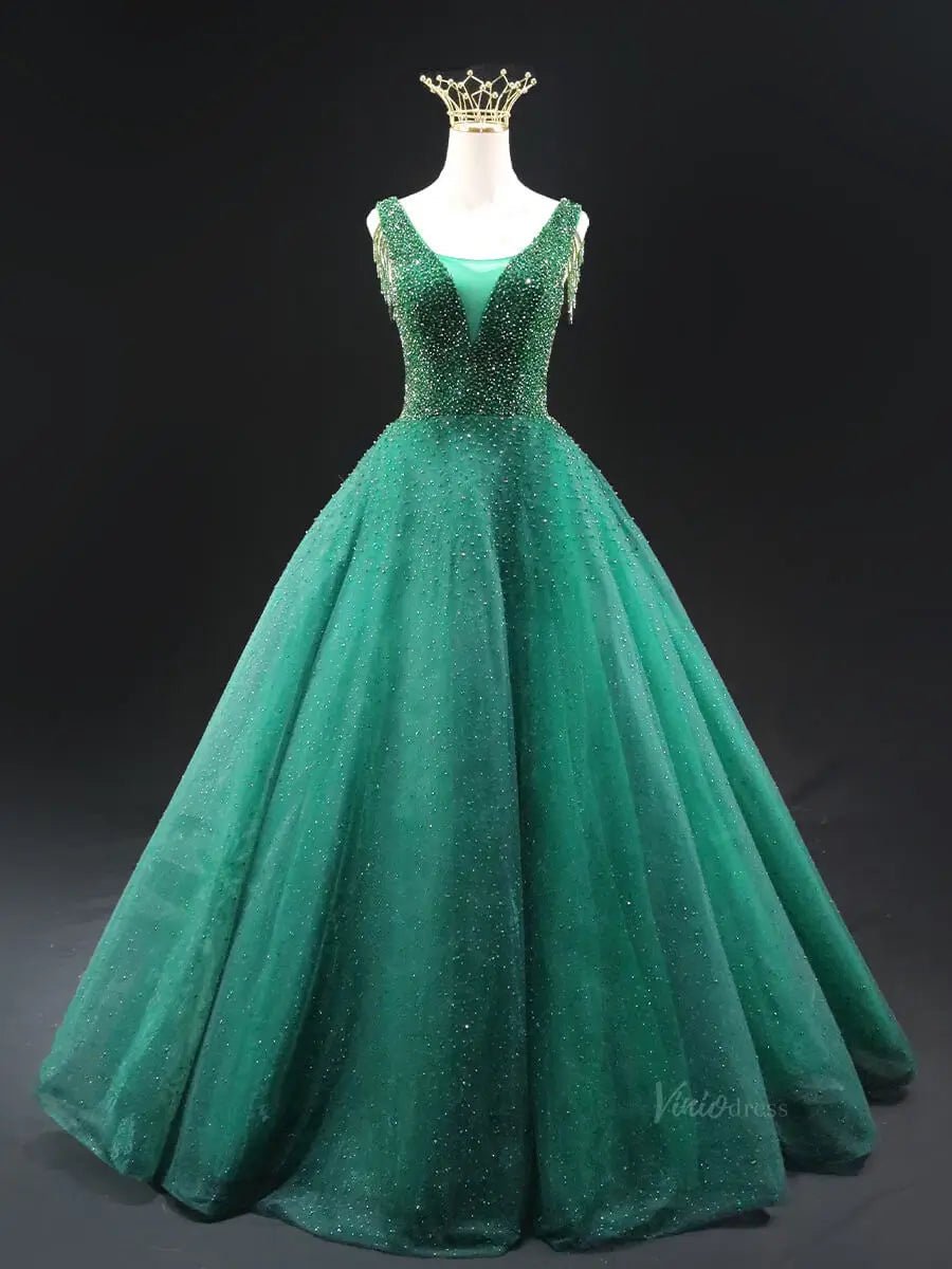 Green Sparkly Tulle Prom Dresses with V-Neck, Beaded Bodice, Quinceanera Dresses SU039-prom dresses 2025 -Viniodress-Green-Custom Size-