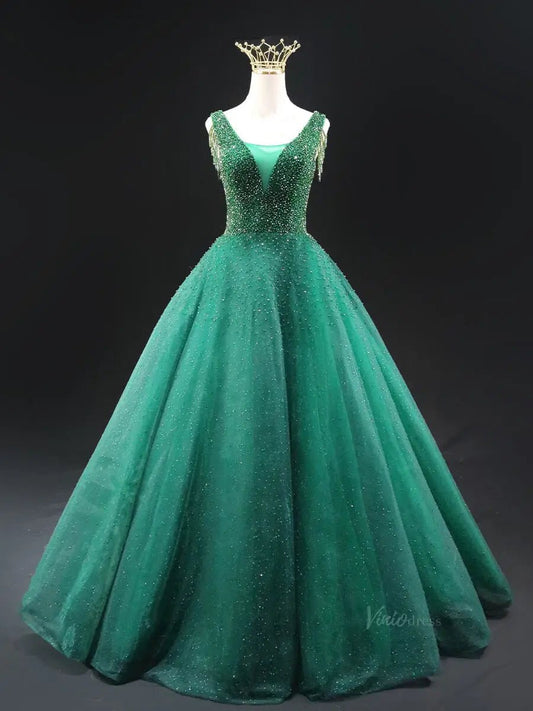Green Sparkly Tulle Prom Dresses with V-Neck, Beaded Bodice, Quinceanera Dresses SU039-prom dresses 2025 -Viniodress-Green-Custom Size-