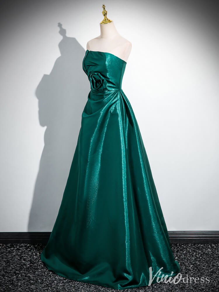 Green Strapless Rosette Prom Dresses Smooth Satin Formal Dress AD1335-prom dresses 2025 -Viniodress-Green-Custom Size-