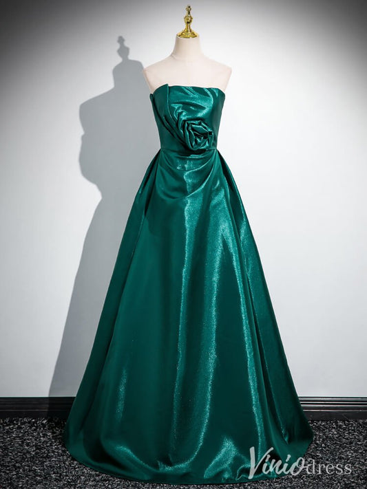 Green Strapless Rosette Prom Dresses Smooth Satin Formal Dress AD1335-prom dresses 2025 -Viniodress-Green-Custom Size-