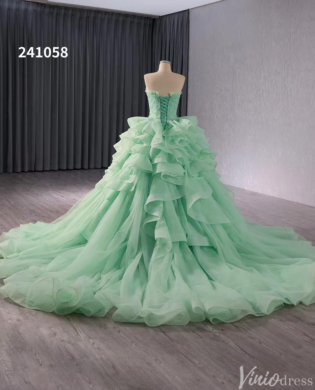 Green Strapless Ruffled Tiered Wedding Gown Beaded Lace Quinceanera Dress 241058-Quinceanera Dresses-Viniodress-Viniodress