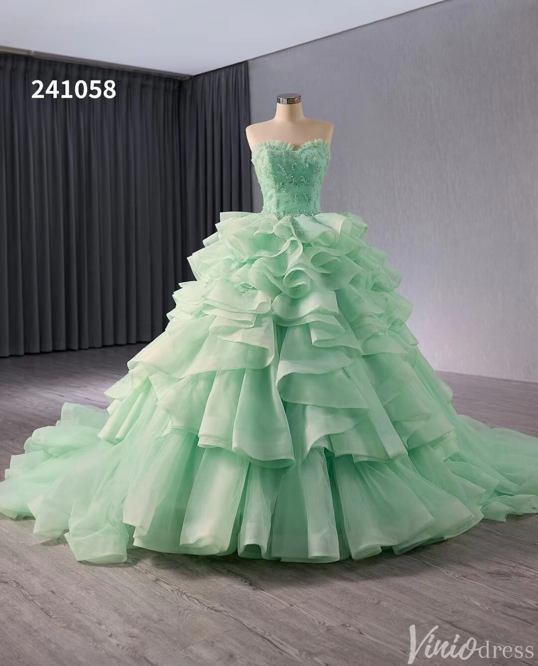 Green Strapless Ruffled Tiered Wedding Gown Beaded Lace Quinceanera Dress 241058-Quinceanera Dresses-Viniodress-Viniodress